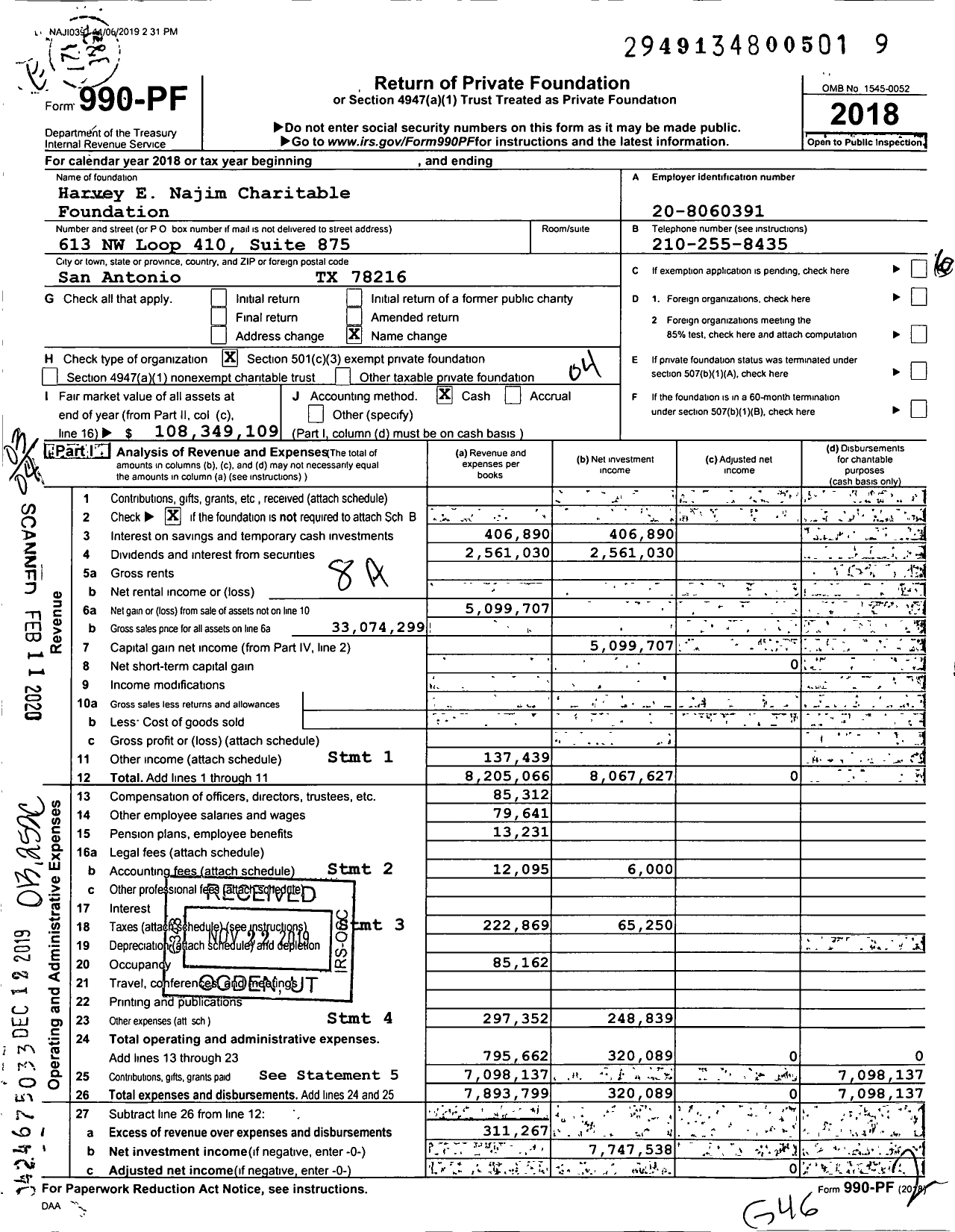 Image of first page of 2018 Form 990PF for Harvey E Najim Charitable Foundation