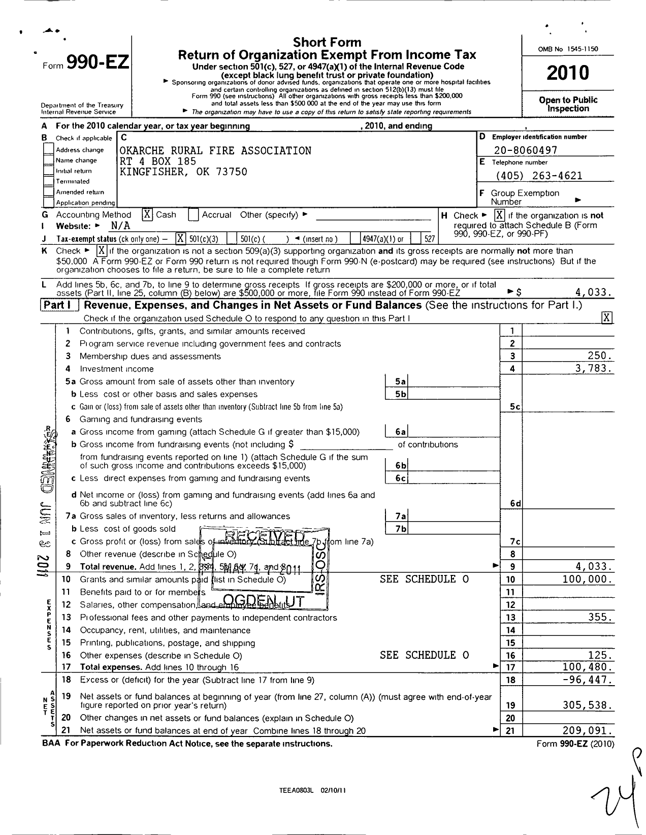 Image of first page of 2010 Form 990EZ for Okarche Rural Fire Association