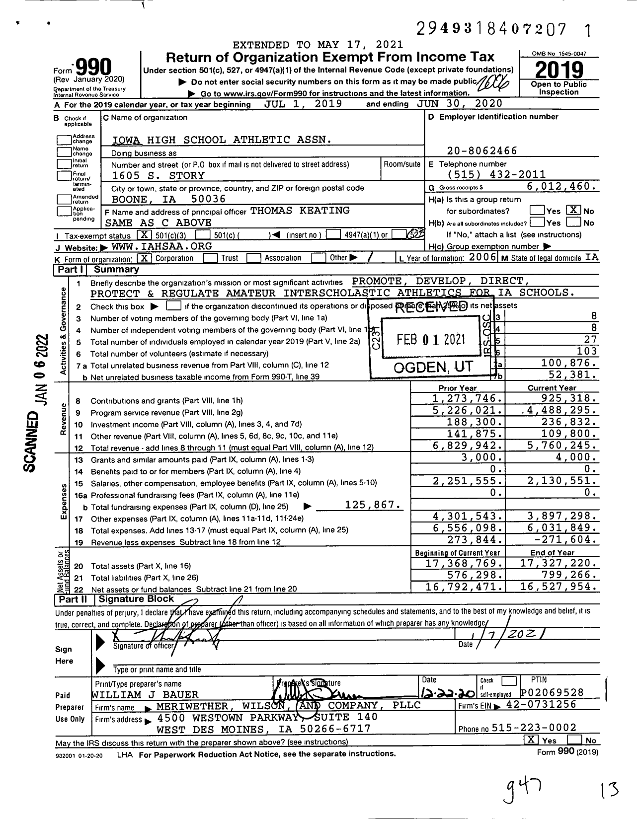 Image of first page of 2019 Form 990 for Iowa High School Athletic Association