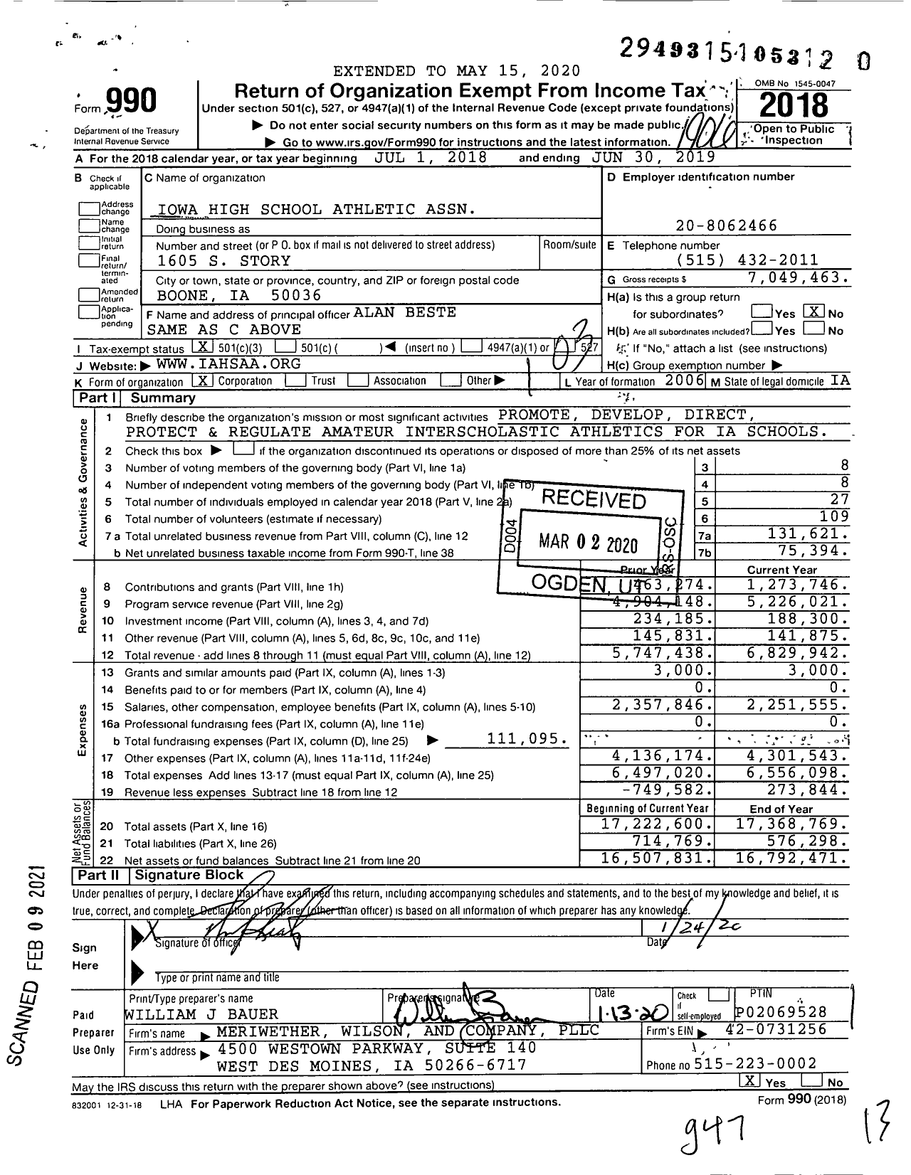 Image of first page of 2018 Form 990 for Iowa High School Athletic Association