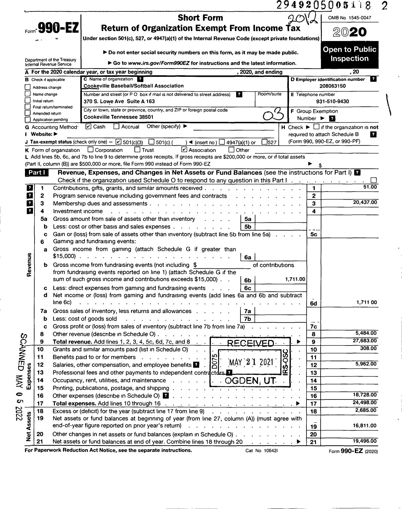 Image of first page of 2020 Form 990EZ for Cookeville Baseball Softball Association