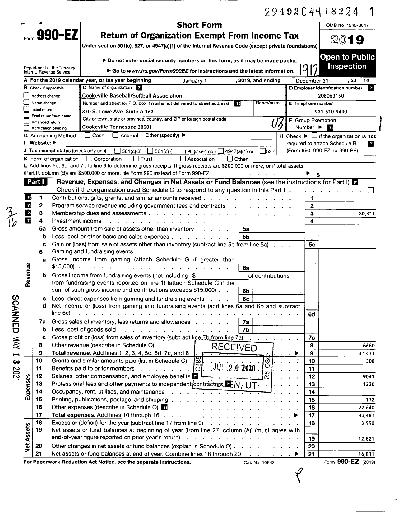 Image of first page of 2019 Form 990EZ for Cookeville Baseball Softball Association