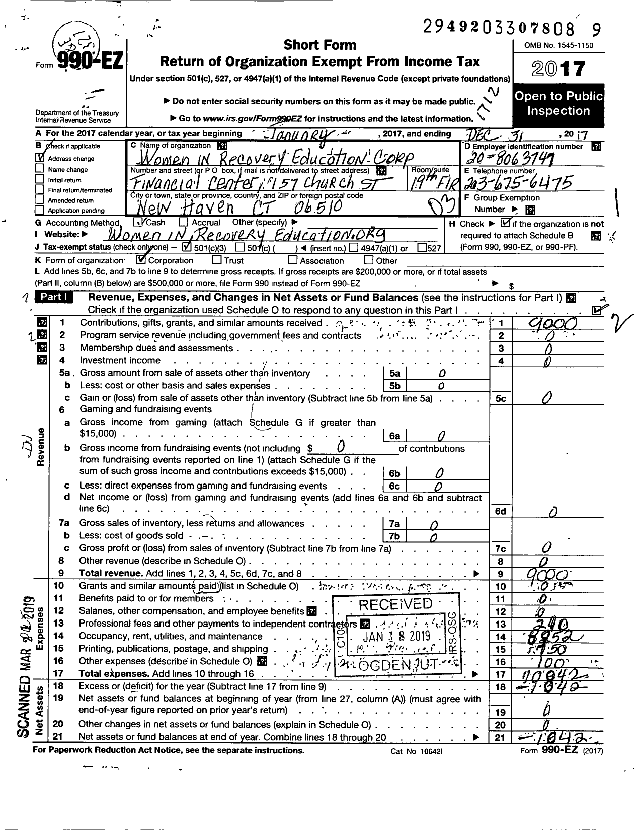 Image of first page of 2017 Form 990EZ for Women in Recovery Educationcorporation