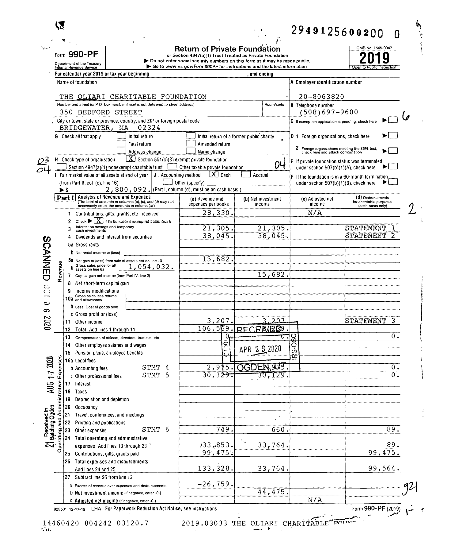 Image of first page of 2019 Form 990PR for The Oliari Charitable Foundation