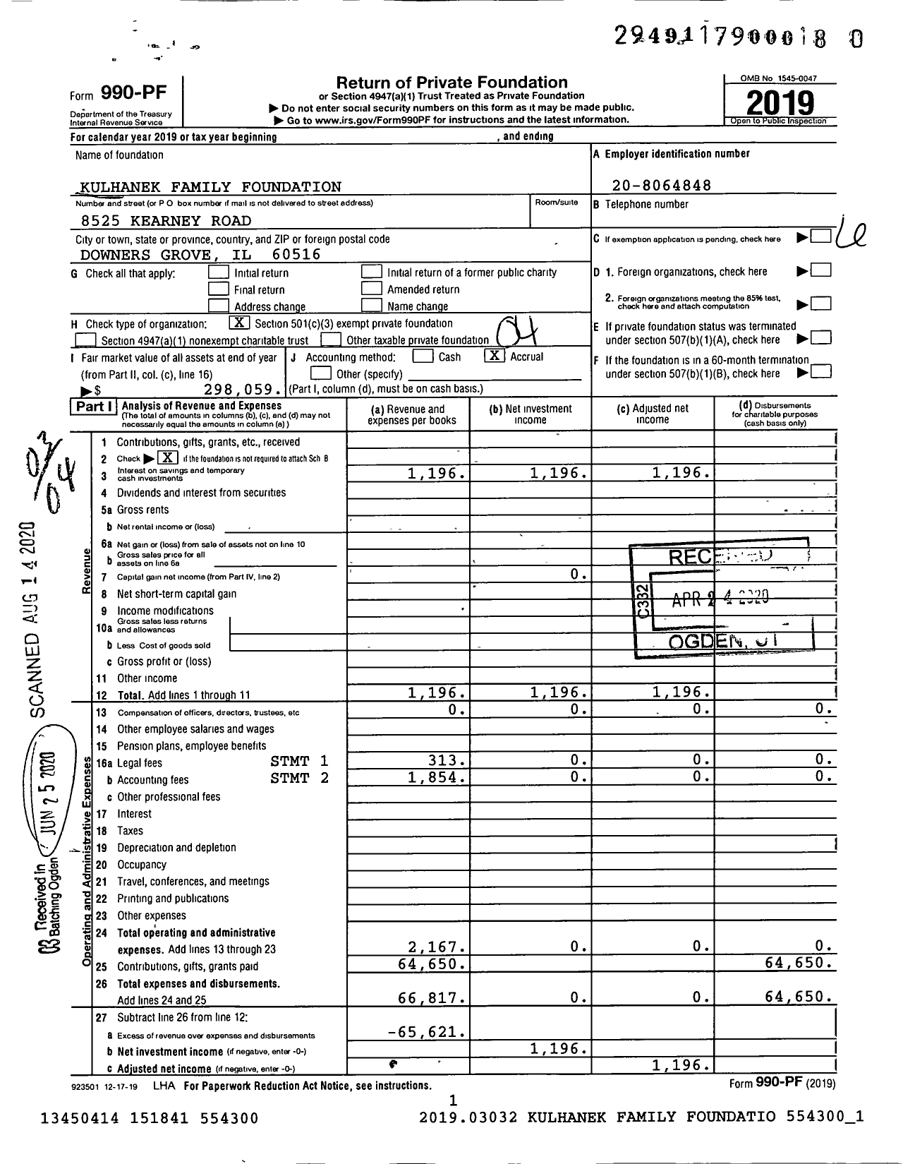 Image of first page of 2019 Form 990PR for Kulhanek Family Foundation