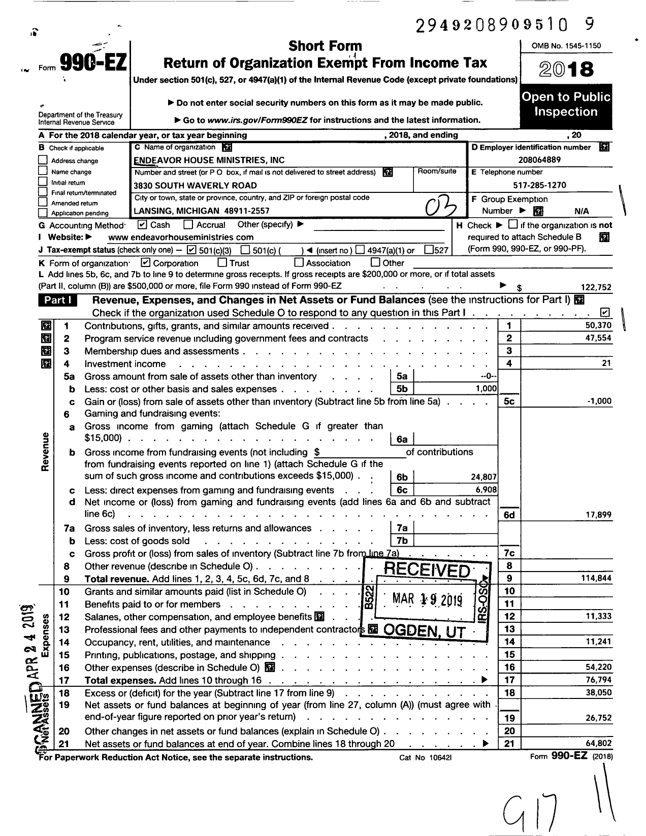 Image of first page of 2018 Form 990EZ for Endeavor House Ministries