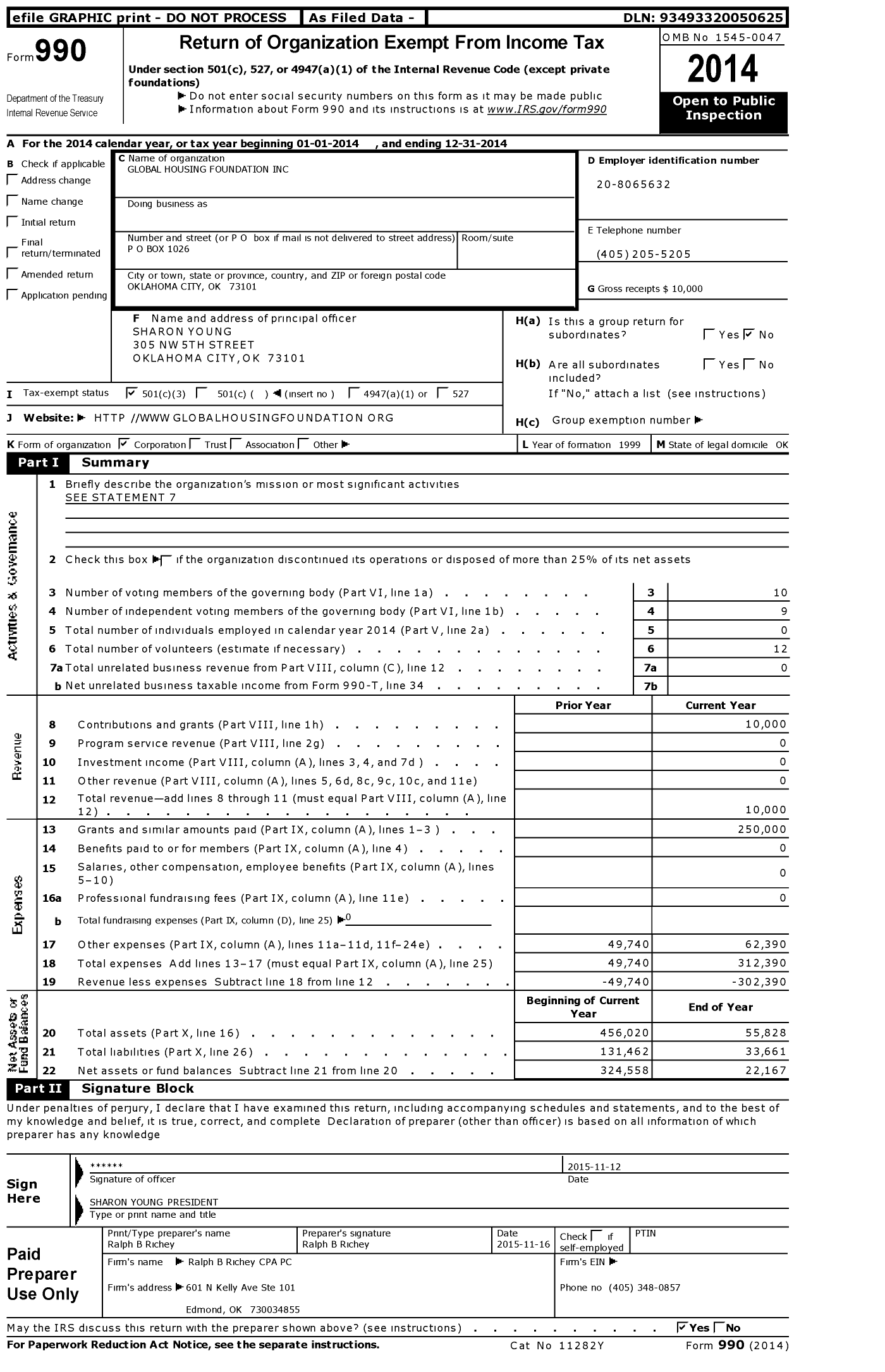 Image of first page of 2014 Form 990 for Global Housing Foundation