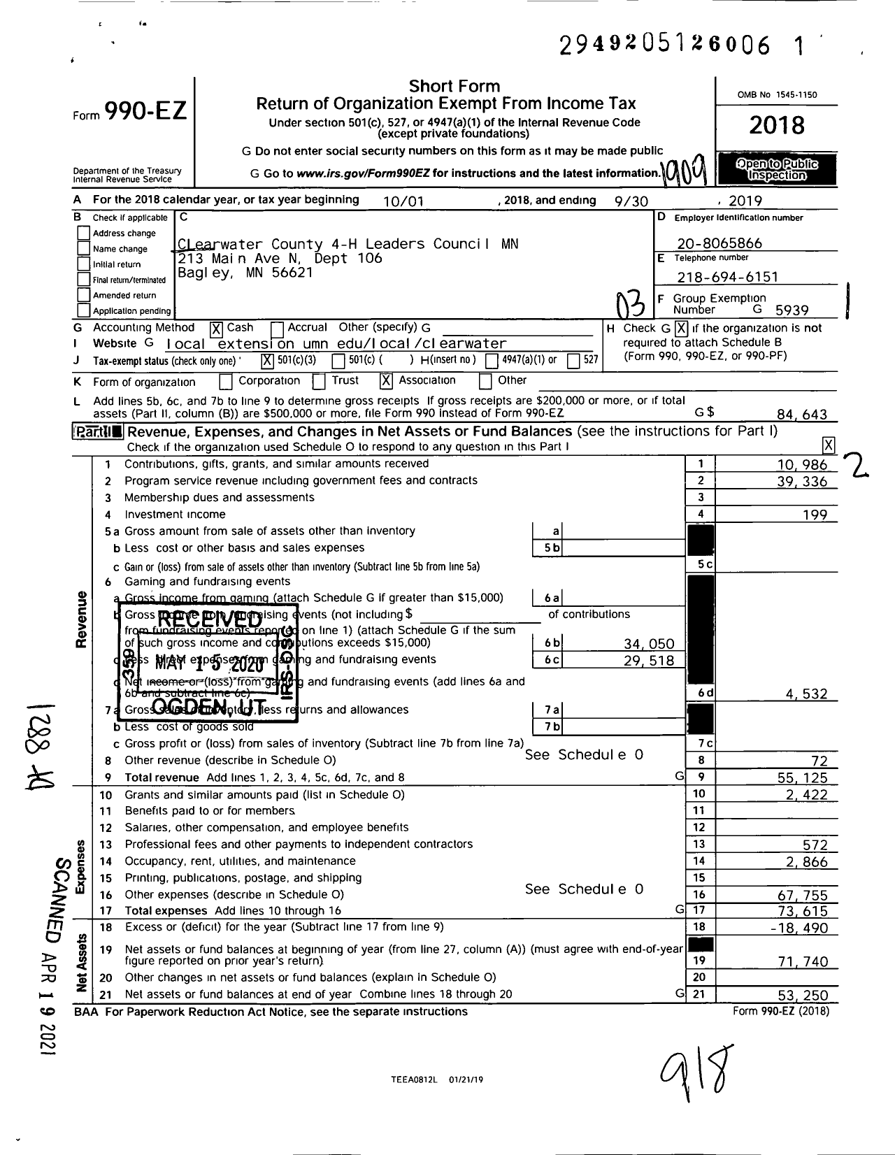 Image of first page of 2018 Form 990EZ for Clearwater County 4-H Leaders Council MN