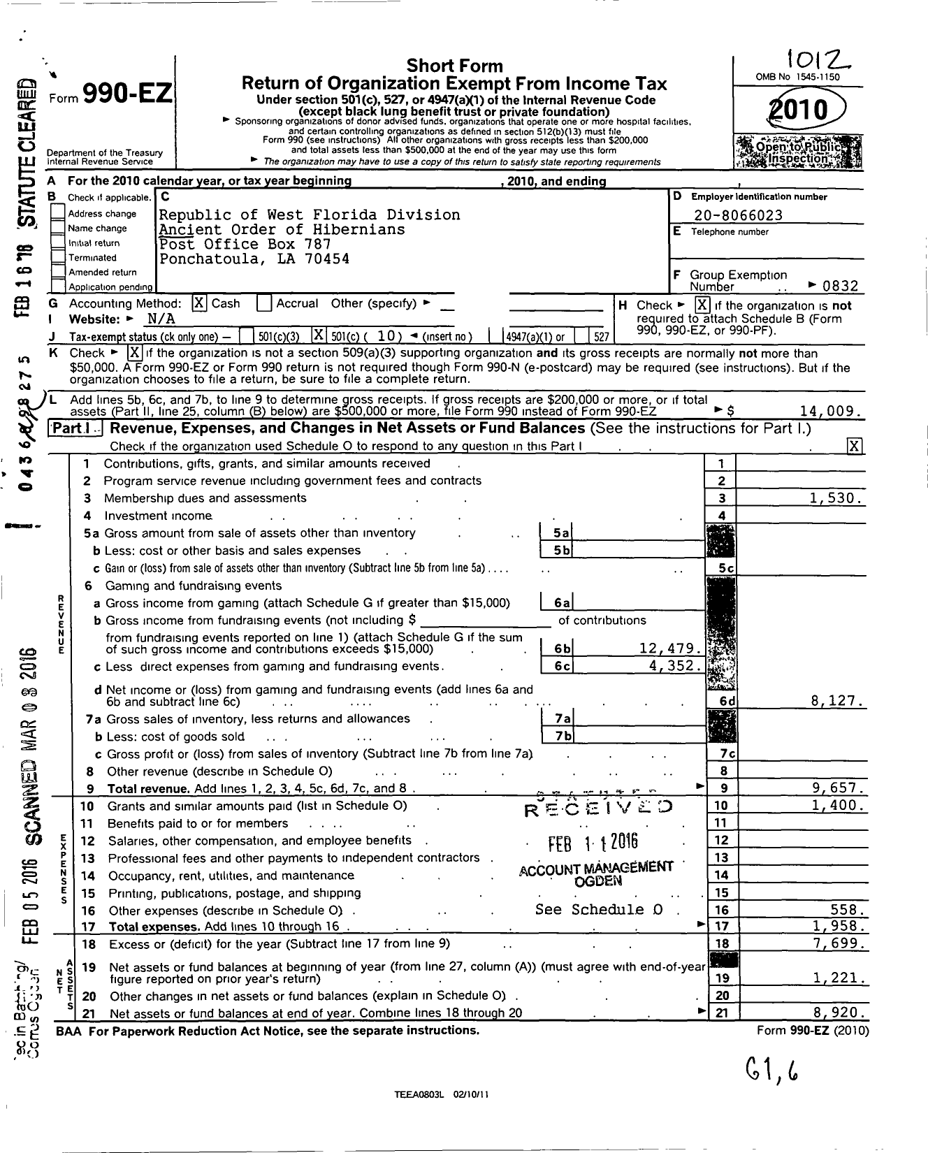 Image of first page of 2010 Form 990EO for Ancient Order of Hibernians in America