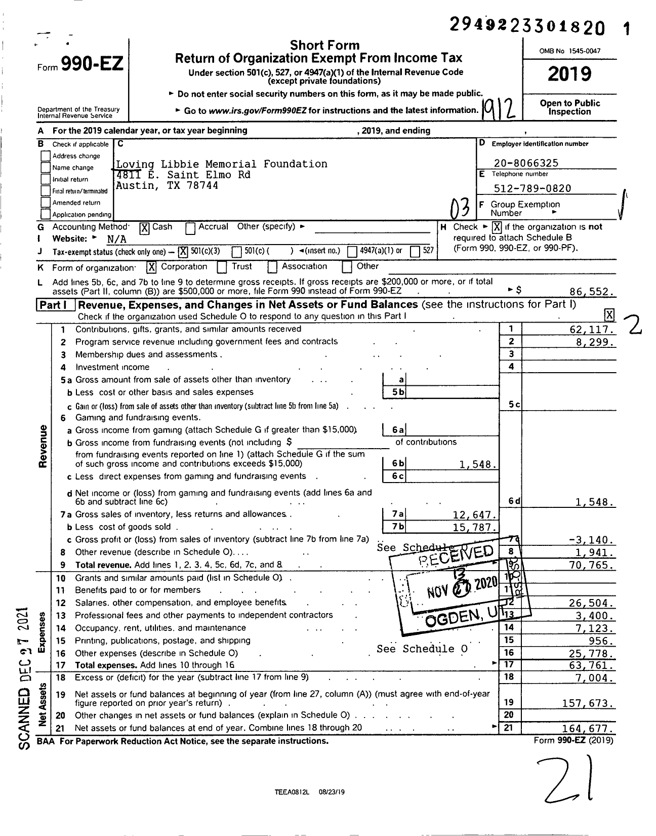 Image of first page of 2019 Form 990EZ for Loving Libbie Memorial Foundation