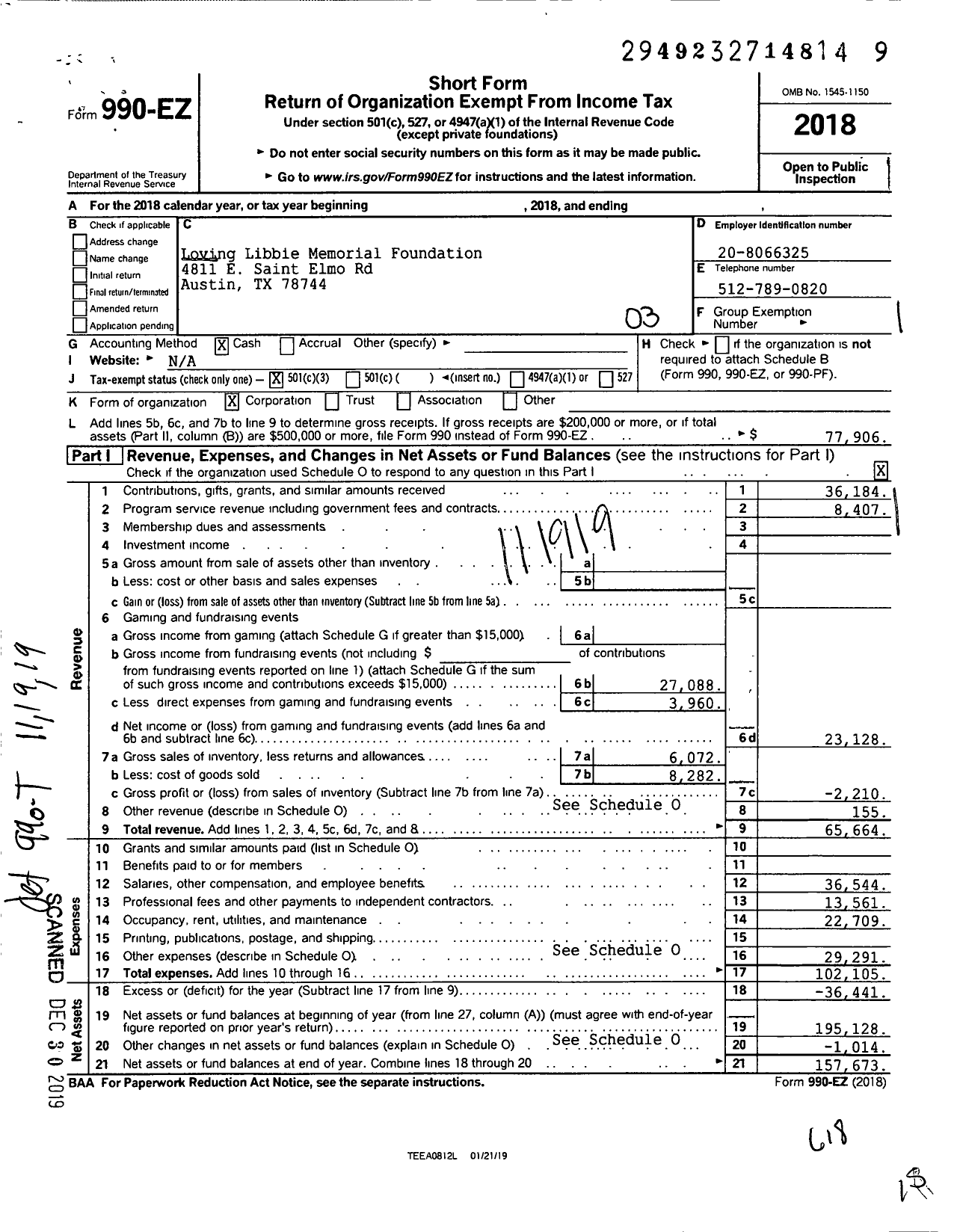 Image of first page of 2018 Form 990EZ for Loving Libbie Memorial Foundation