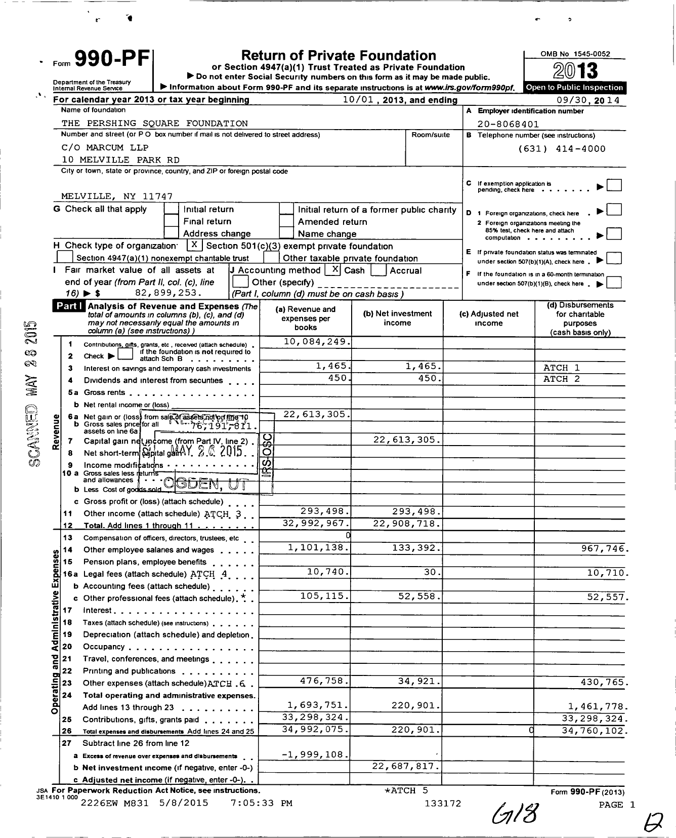 Image of first page of 2013 Form 990PF for Pershing Square Foundation (PSF)