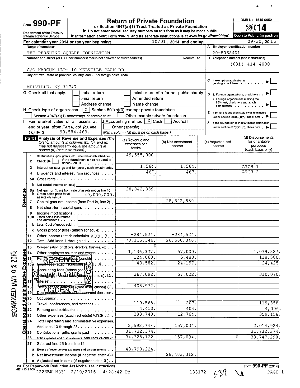 Image of first page of 2014 Form 990PF for Pershing Square Foundation (PSF)