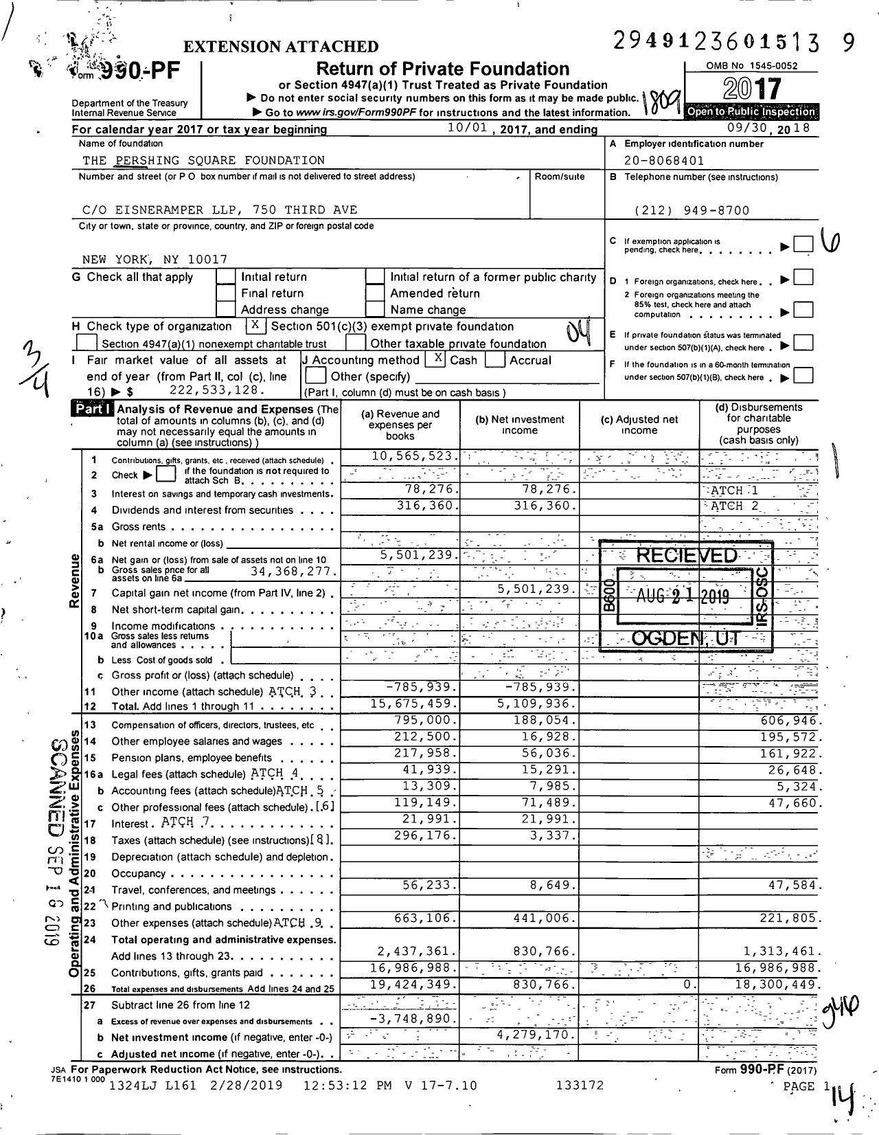 Image of first page of 2017 Form 990PF for Pershing Square Foundation (PSF)