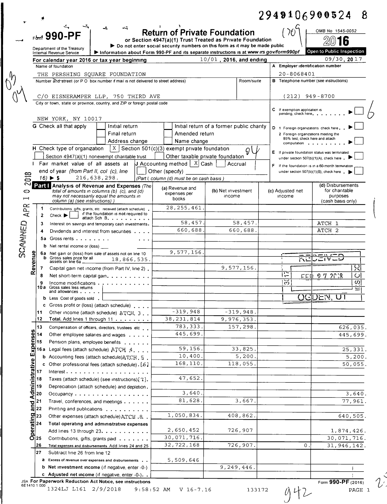 Image of first page of 2016 Form 990PF for Pershing Square Foundation (PSF)