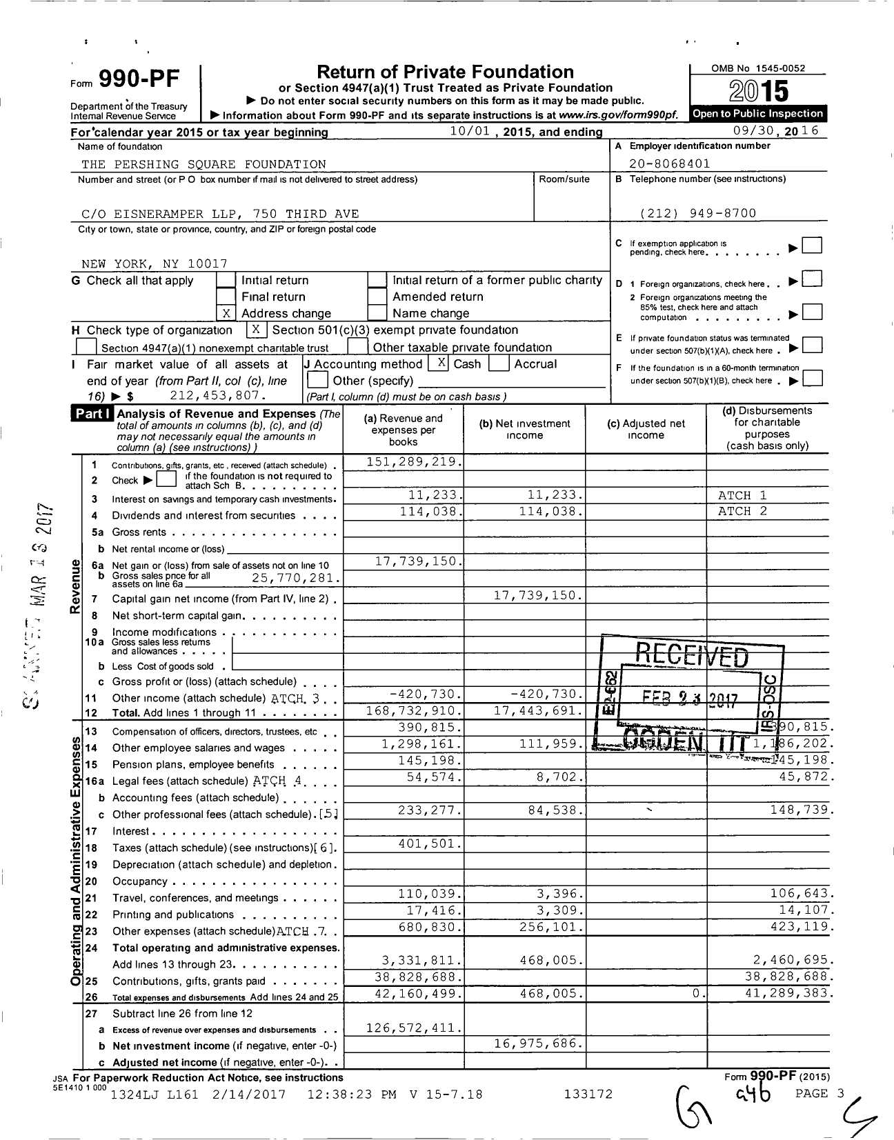 Image of first page of 2015 Form 990PF for Pershing Square Foundation (PSF)