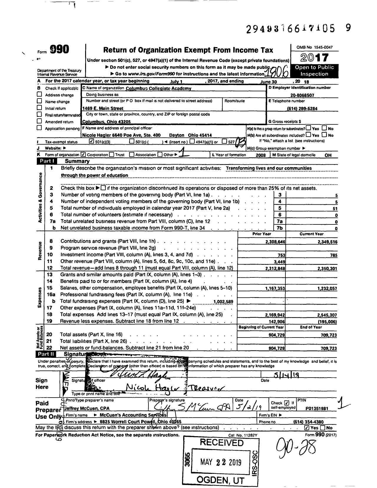 Image of first page of 2017 Form 990 for Columbus Collegiate Academy