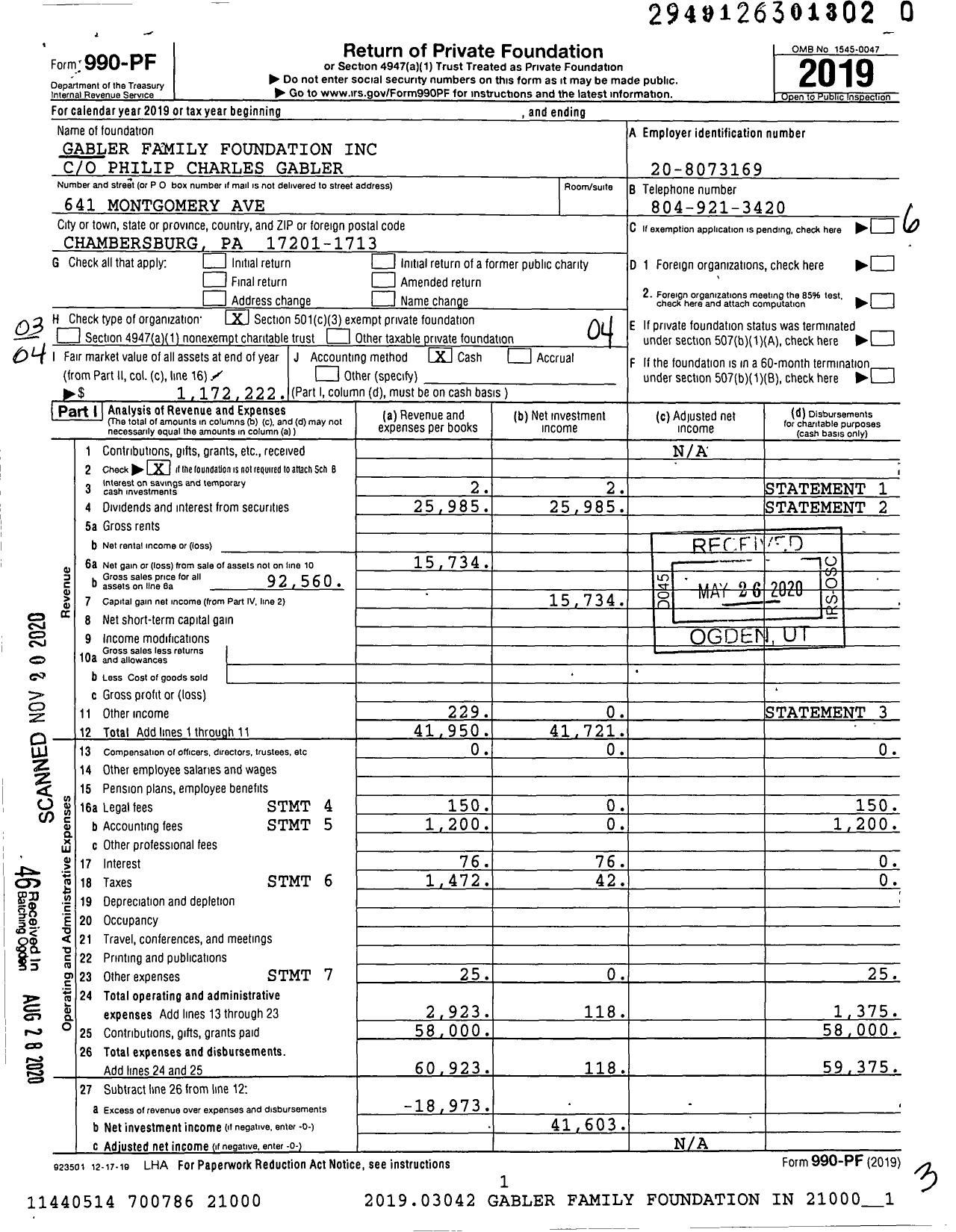 Image of first page of 2019 Form 990PF for Gabler Family Foundation