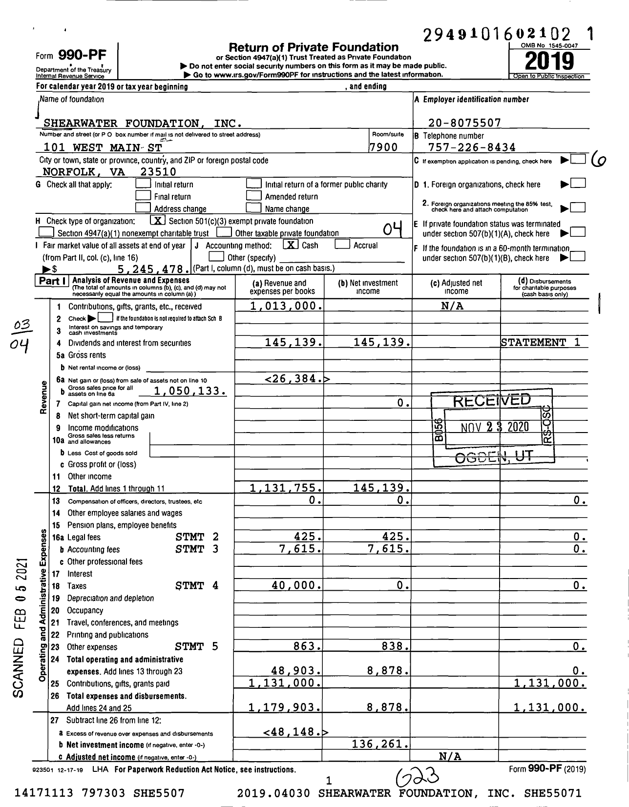 Image of first page of 2019 Form 990PF for Shearwater Foundation