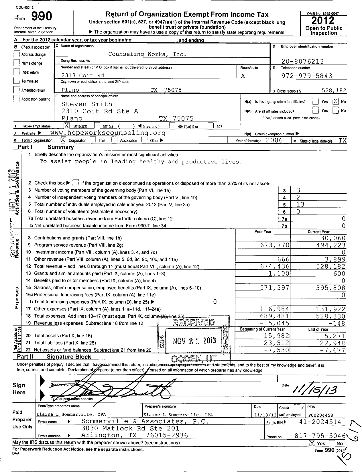 Image of first page of 2012 Form 990 for Counseling Works