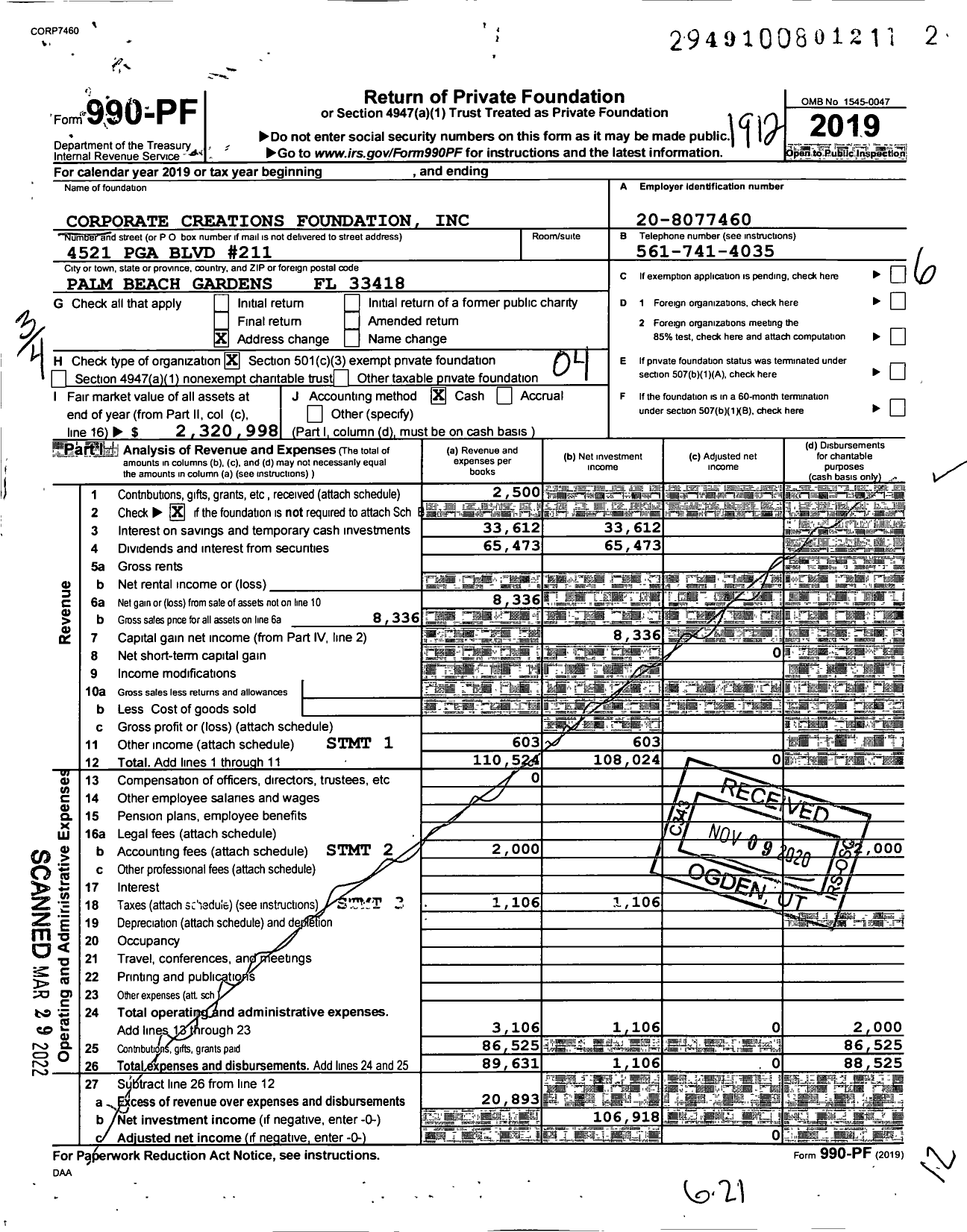 Image of first page of 2019 Form 990PF for Corporate Creations Foundation