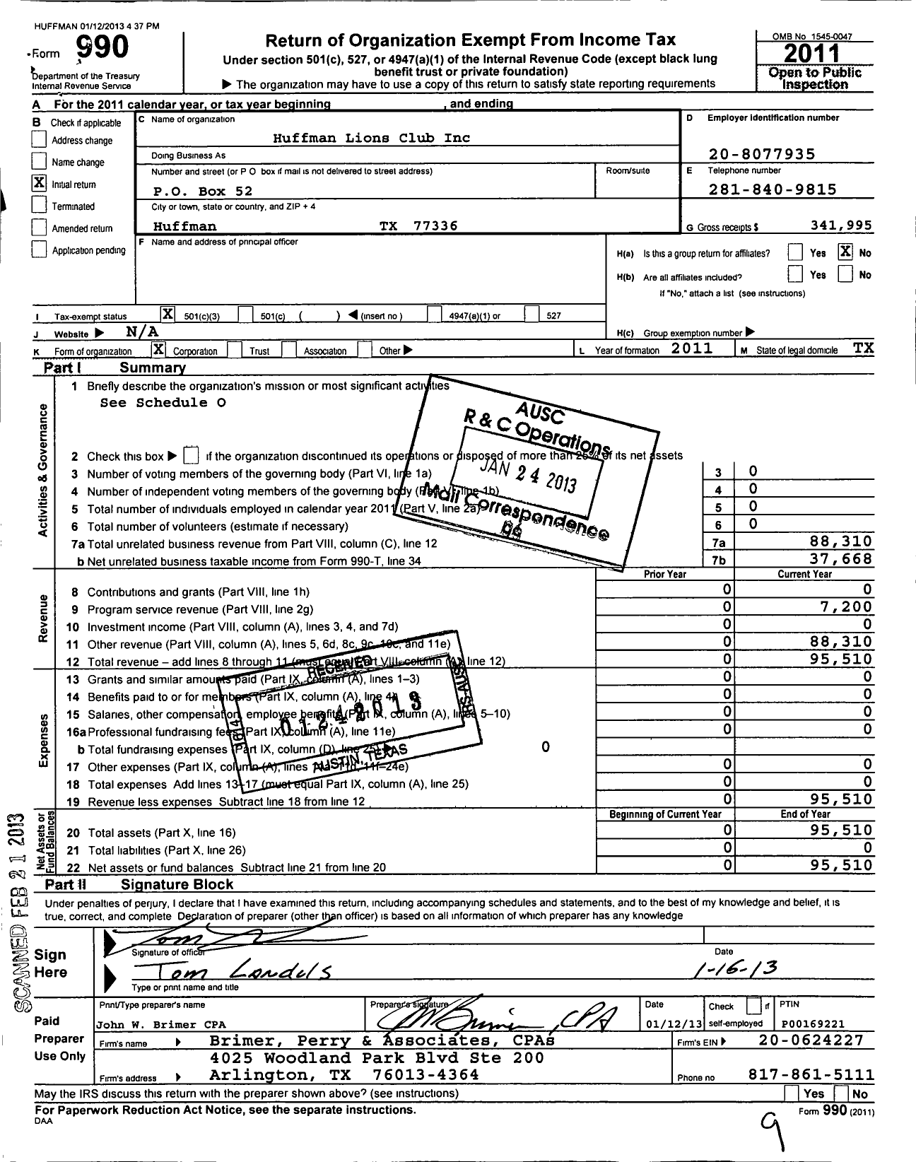 Image of first page of 2011 Form 990 for Huffman Lions Club