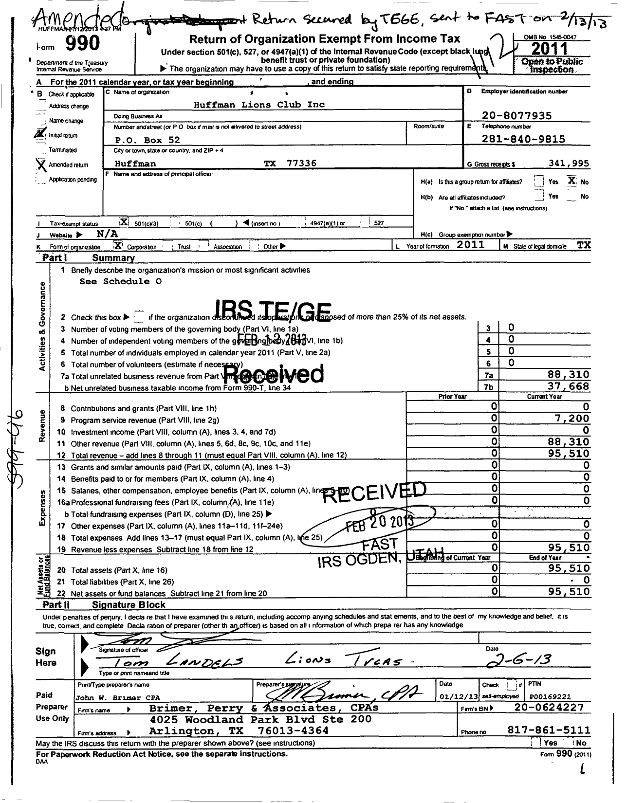 Image of first page of 2011 Form 990 for Huffman Lions Club