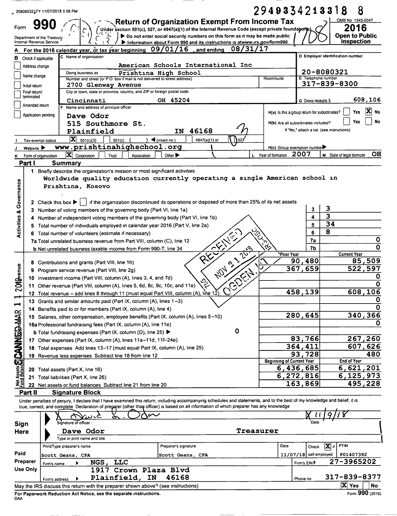 Image of first page of 2016 Form 990 for American Schools International