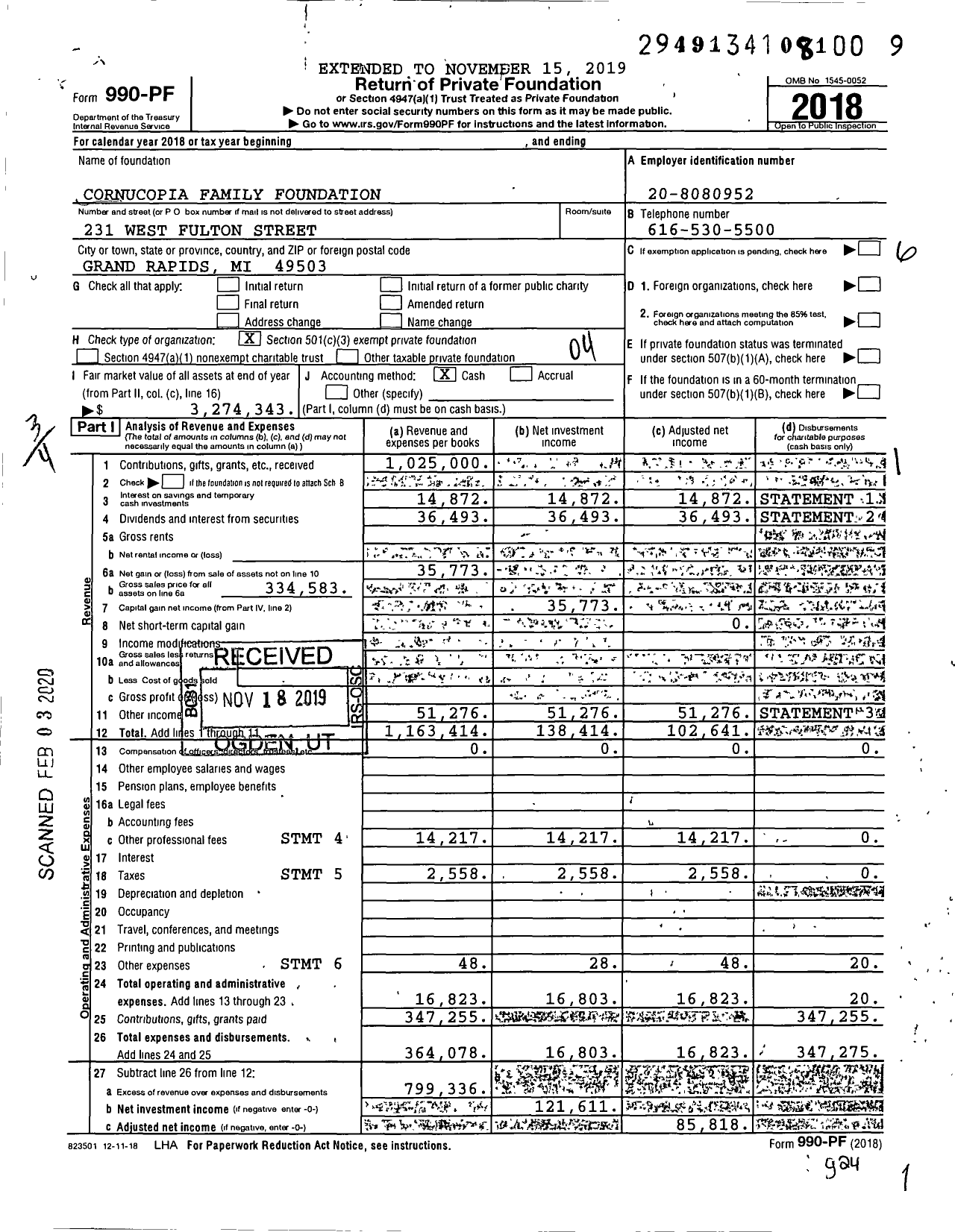 Image of first page of 2018 Form 990PF for Cornucopia Family Foundation