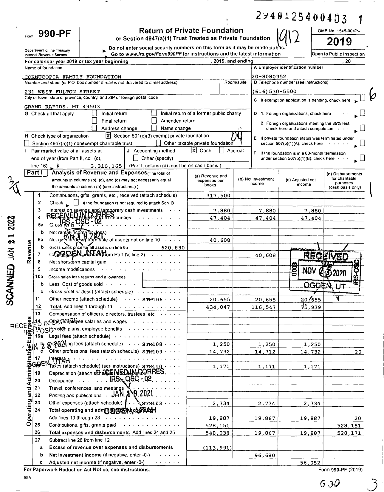 Image of first page of 2019 Form 990PF for Cornucopia Family Foundation