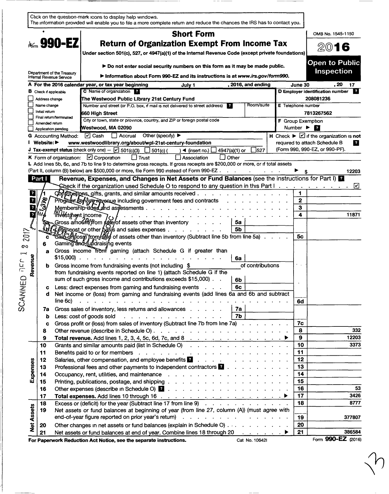 Image of first page of 2016 Form 990EZ for The Westwood Public Library 21st Century Fund