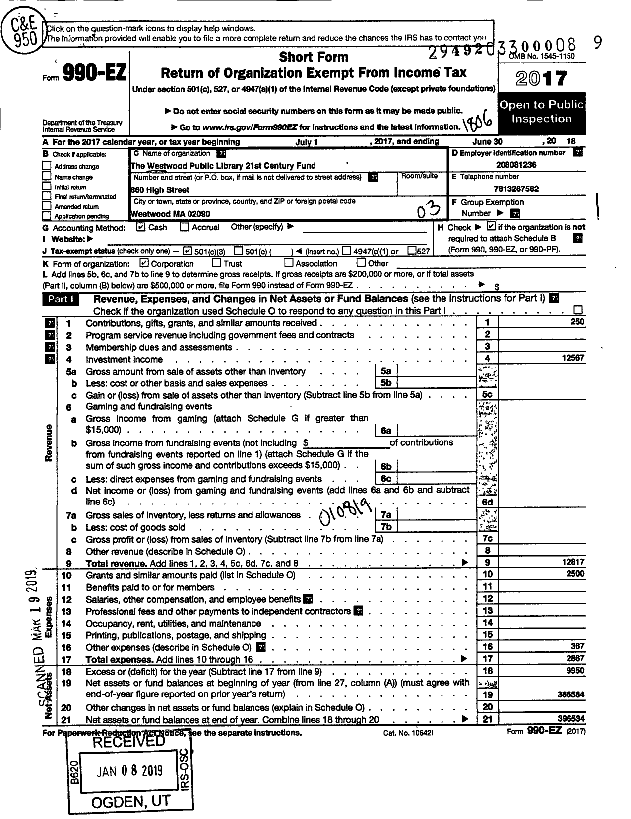 Image of first page of 2017 Form 990EZ for The Westwood Public Library 21st Century Fund