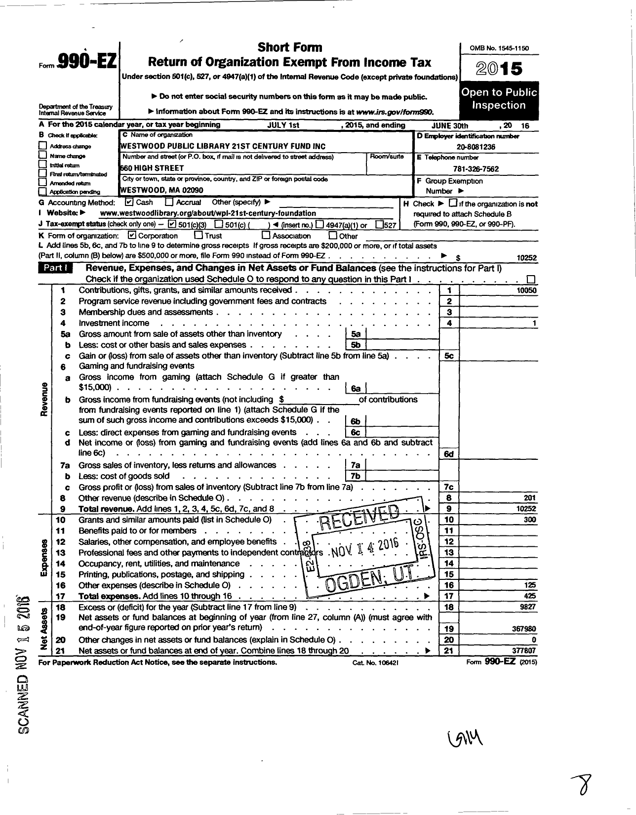 Image of first page of 2015 Form 990EZ for The Westwood Public Library 21st Century Fund