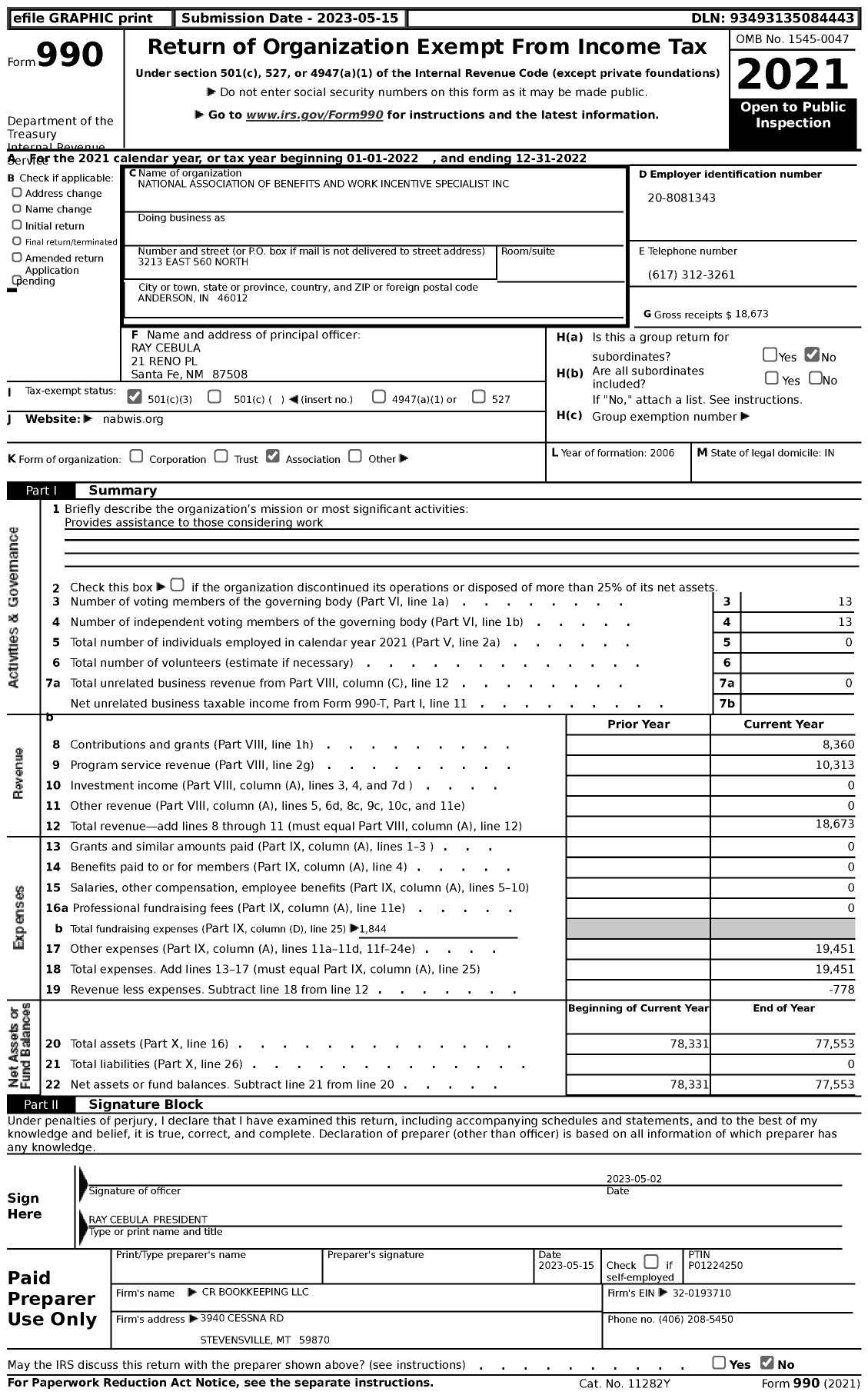 Image of first page of 2022 Form 990 for National Association of Benefits and Work Incentives Specialists