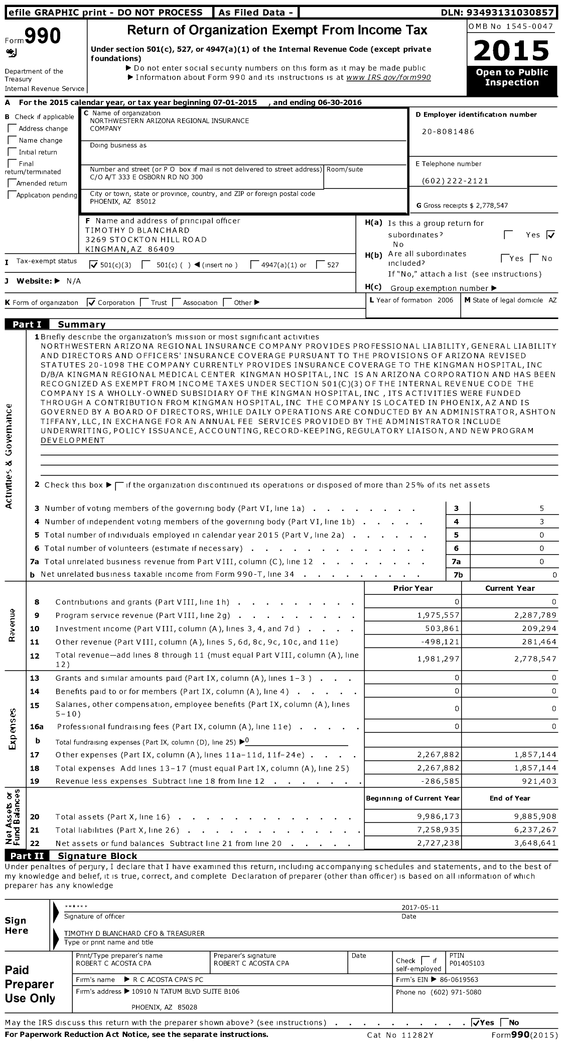 Image of first page of 2015 Form 990 for Northwestern Arizona Regional Insurance Company
