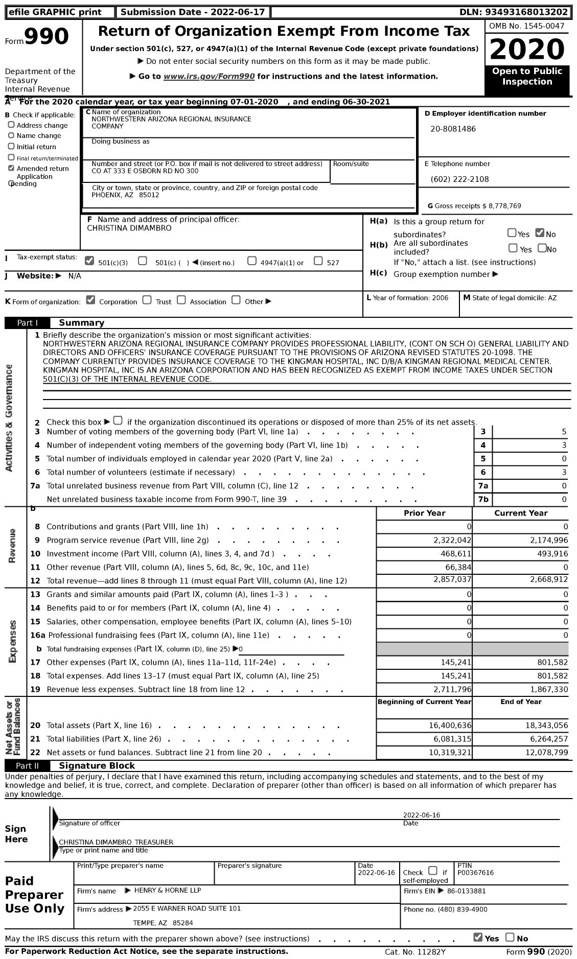 Image of first page of 2020 Form 990 for Northwestern Arizona Regional Insurance Company