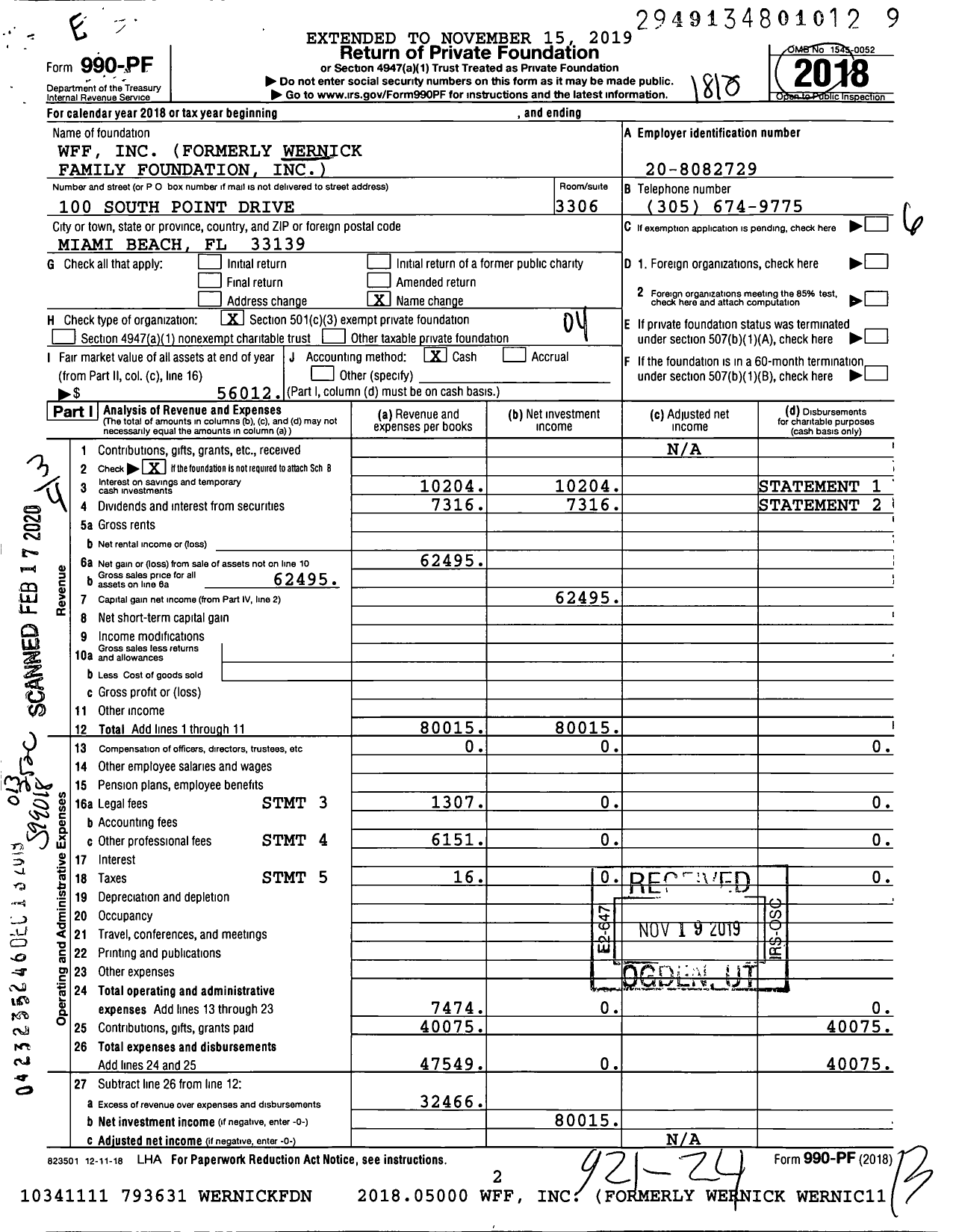 Image of first page of 2017 Form 990PF for Wernick Family Foundation (WFF)