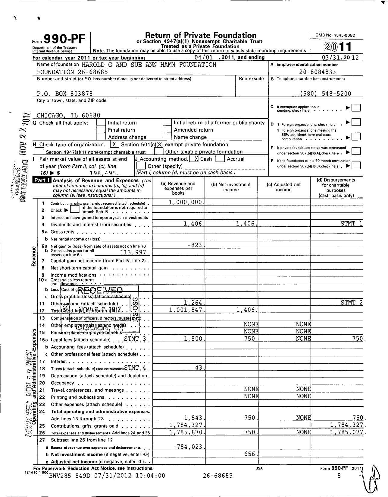 Image of first page of 2011 Form 990PF for Harold G and Sue Ann Hamm Foundation