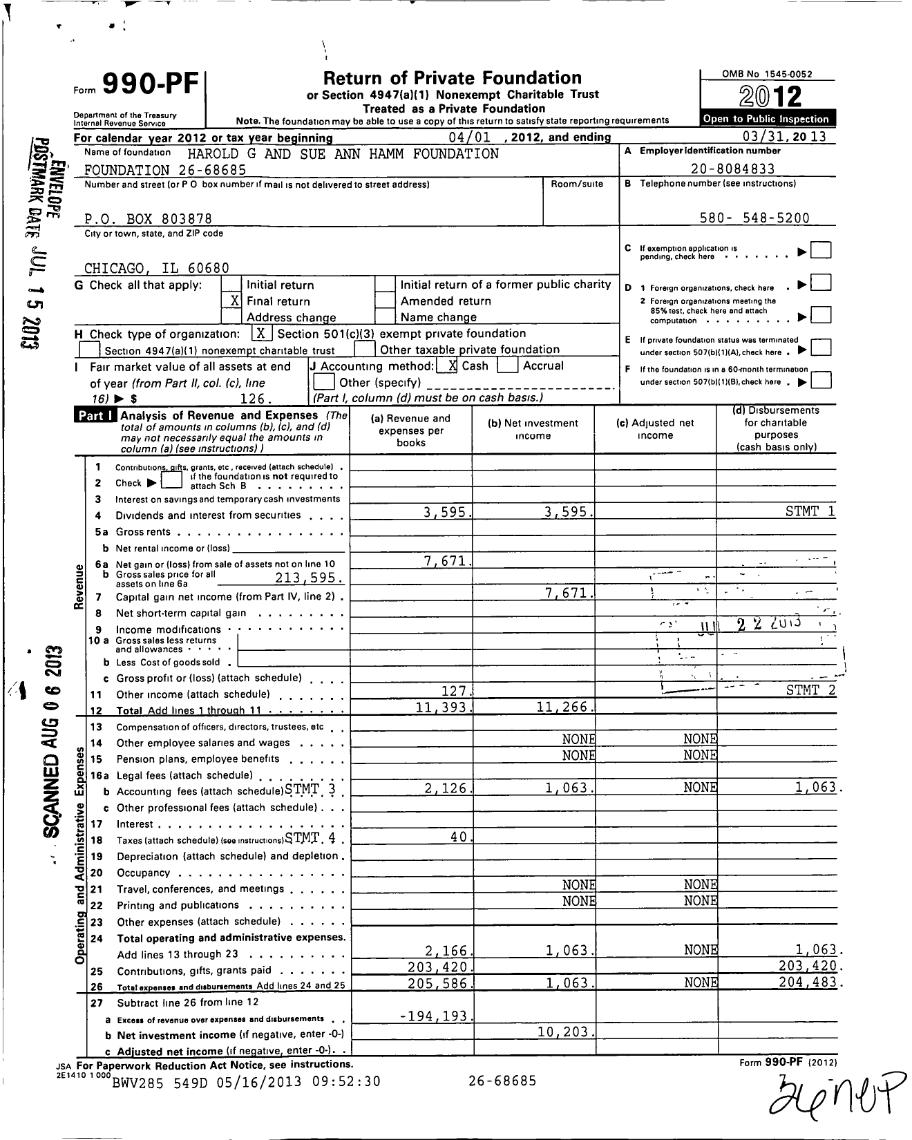 Image of first page of 2012 Form 990PF for Harold G and Sue Ann Hamm Foundation