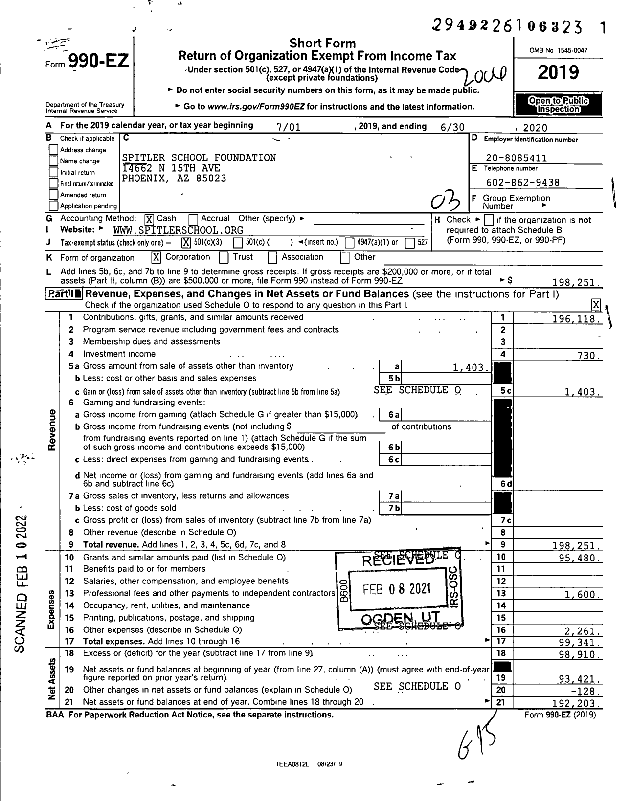 Image of first page of 2019 Form 990EZ for Spitler School Foundation