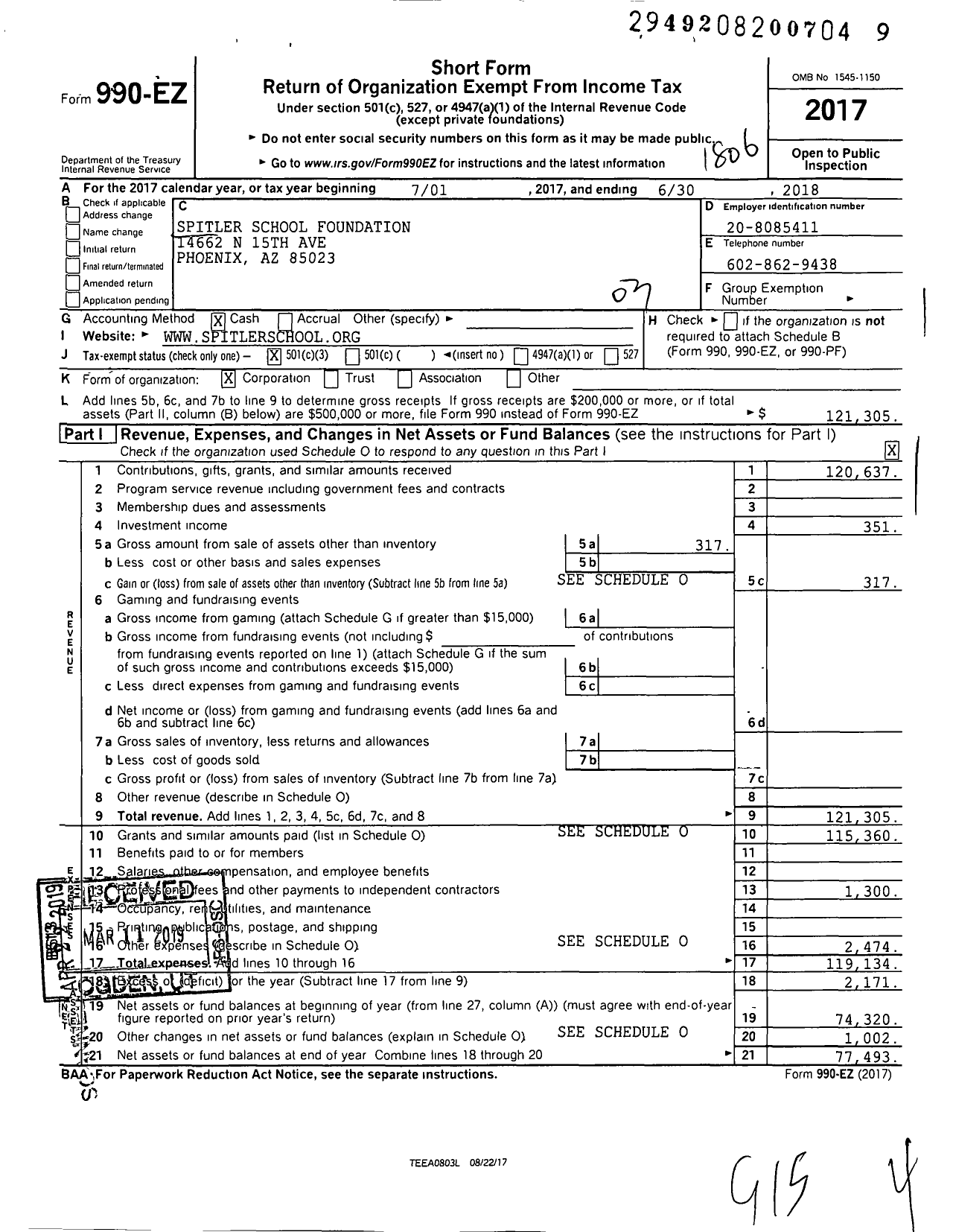 Image of first page of 2017 Form 990EZ for Spitler School Foundation