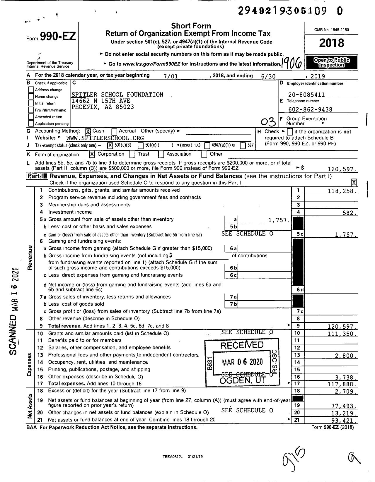 Image of first page of 2018 Form 990EZ for Spitler School Foundation