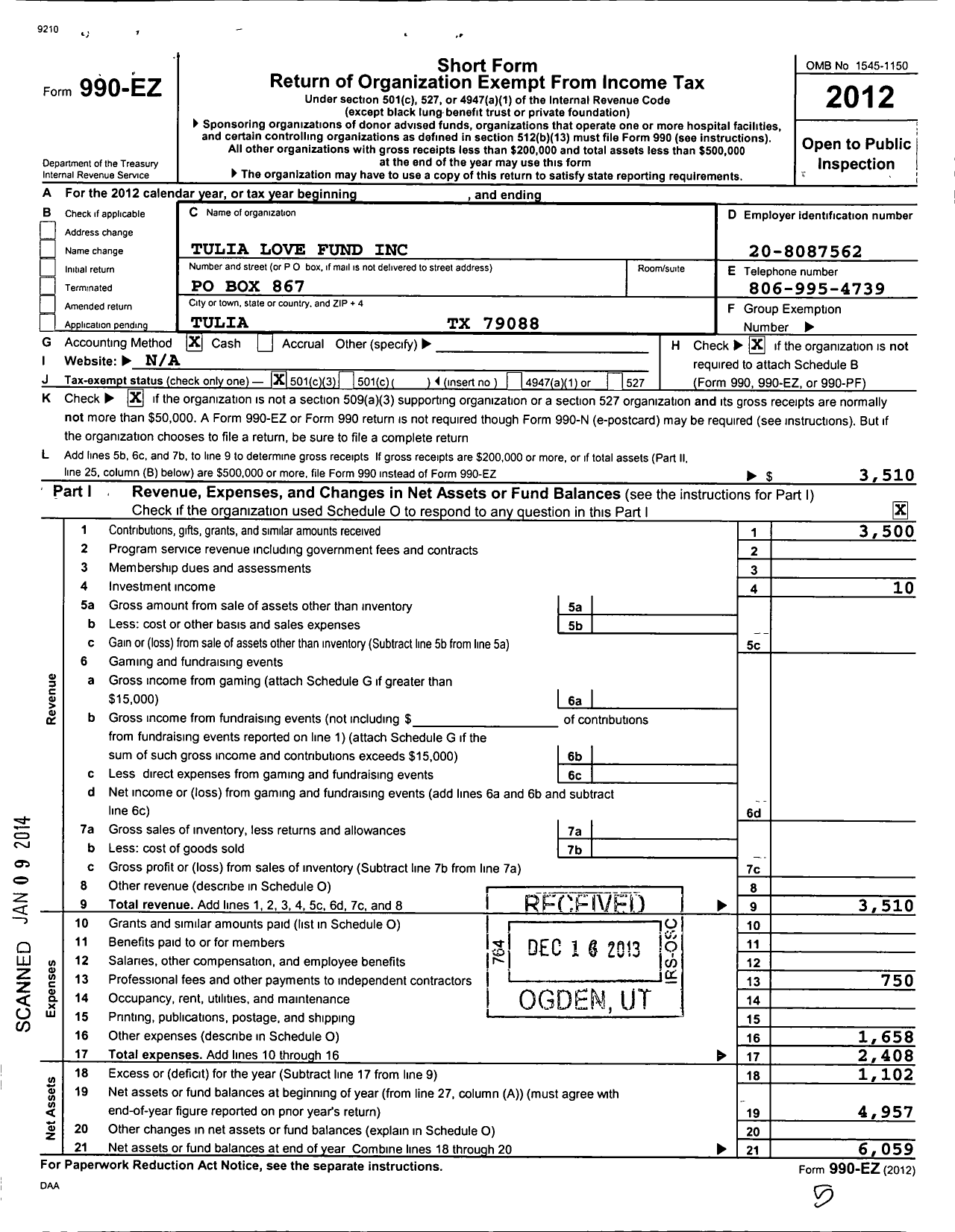 Image of first page of 2012 Form 990EZ for Tulia Love Fund