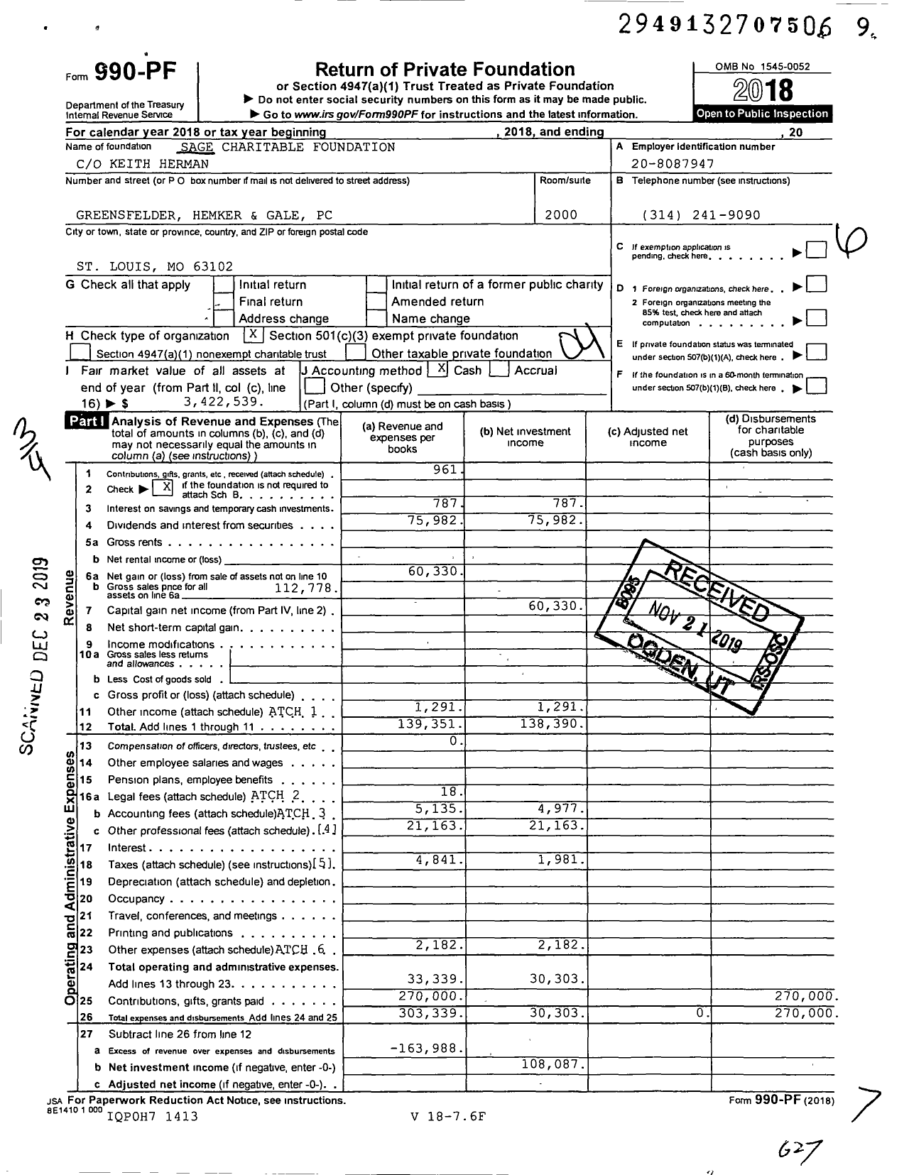 Image of first page of 2018 Form 990PF for Sage Charitable Foundation