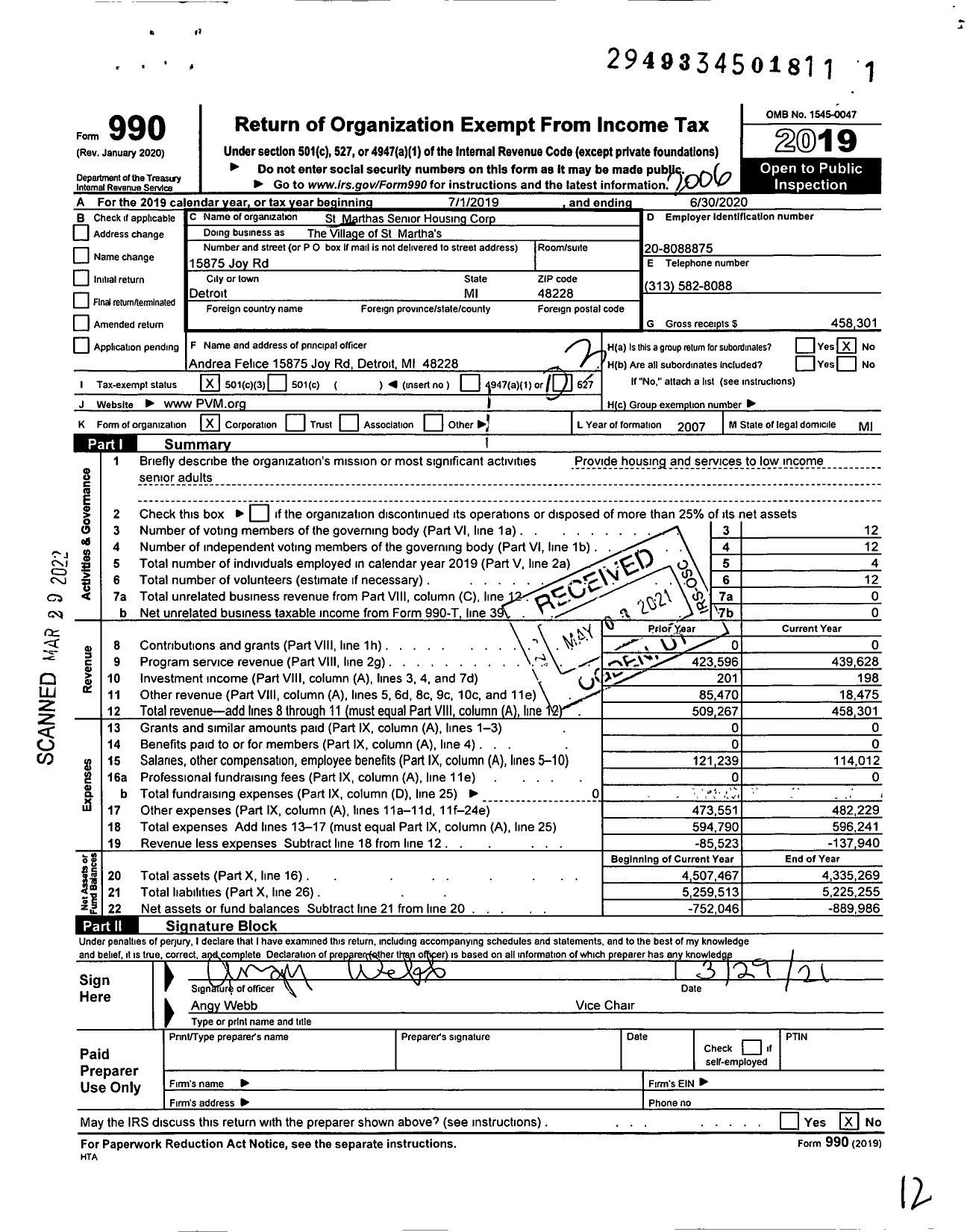 Image of first page of 2019 Form 990 for The Village of St Martha's