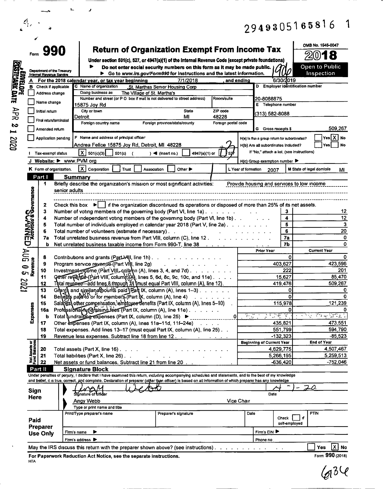 Image of first page of 2018 Form 990 for The Village of St Martha's