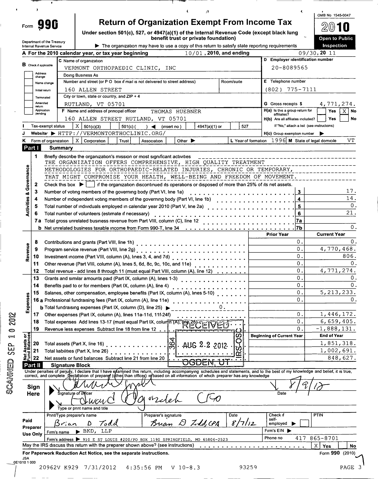 Image of first page of 2010 Form 990 for Vermont Orthopaedic Clinic