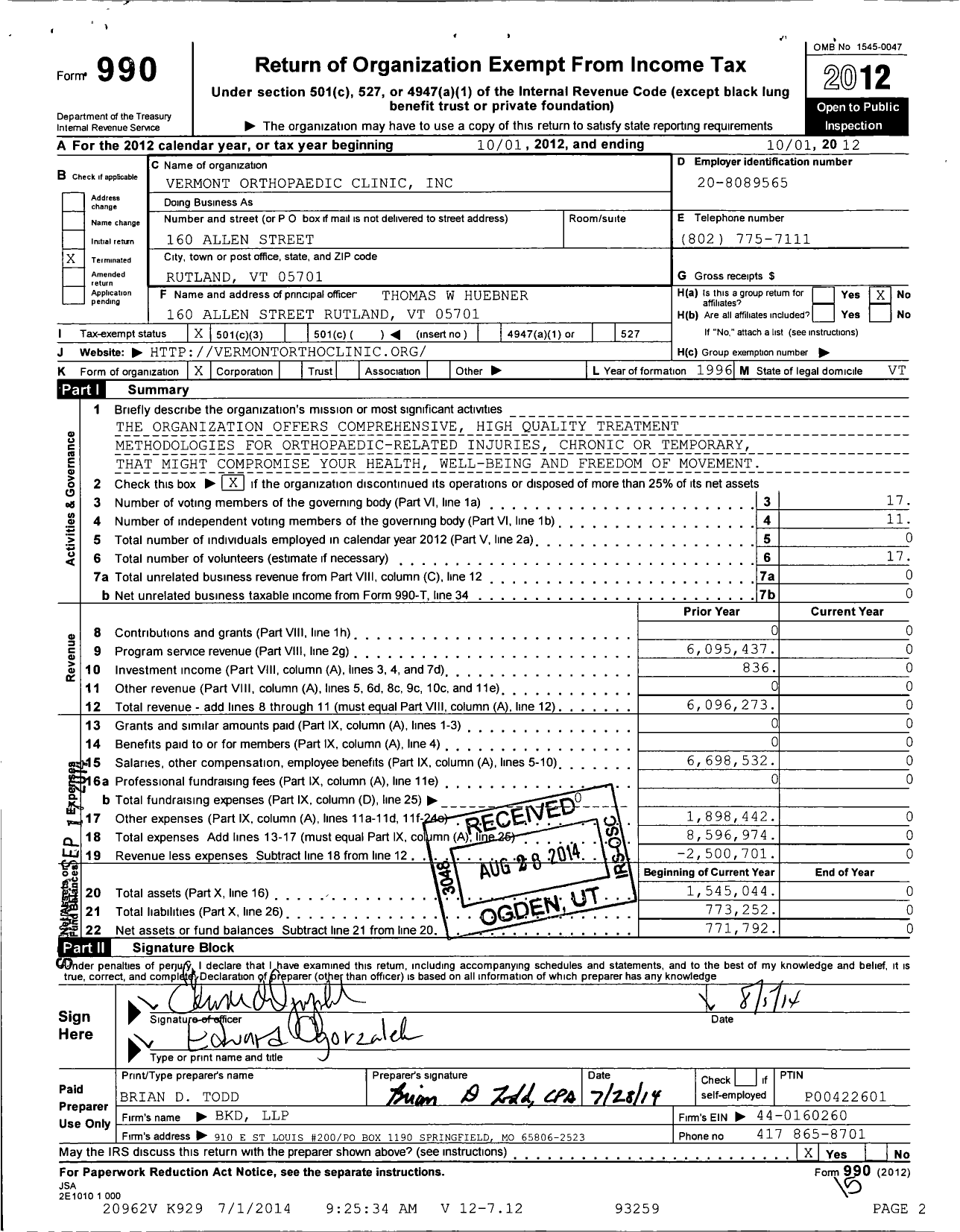 Image of first page of 2011 Form 990 for Vermont Orthopaedic Clinic