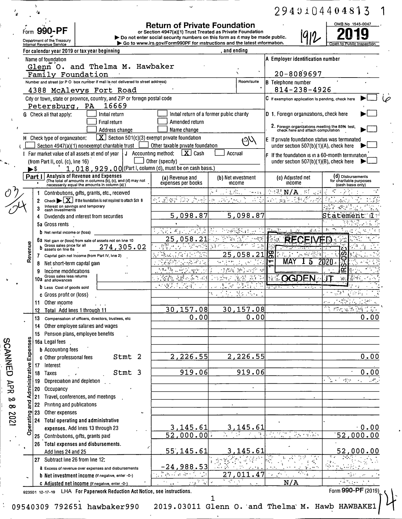 Image of first page of 2019 Form 990PF for Glenn O and Thelma M Hawbakerfamily Foundation