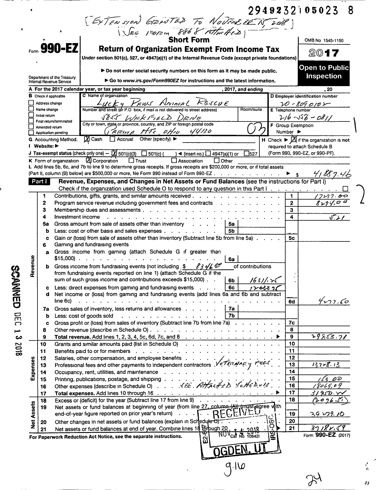 Image of first page of 2017 Form 990EZ for Lucky Paws Animal Rescue